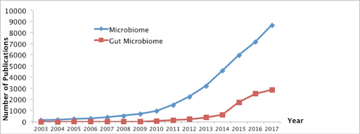 Γράφημα - Πως έχουν αυξηθεί η επιστημονικές μελέτες για το μικροβίωμα και το μικροβίωμα εντέρου τα τελευταία χρόνια.